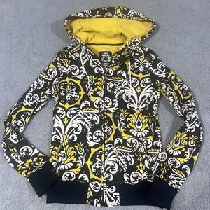 Empyre Snow Fleece Black Yellow Print Full Zip Hoodie Jacket Womens Size Medium